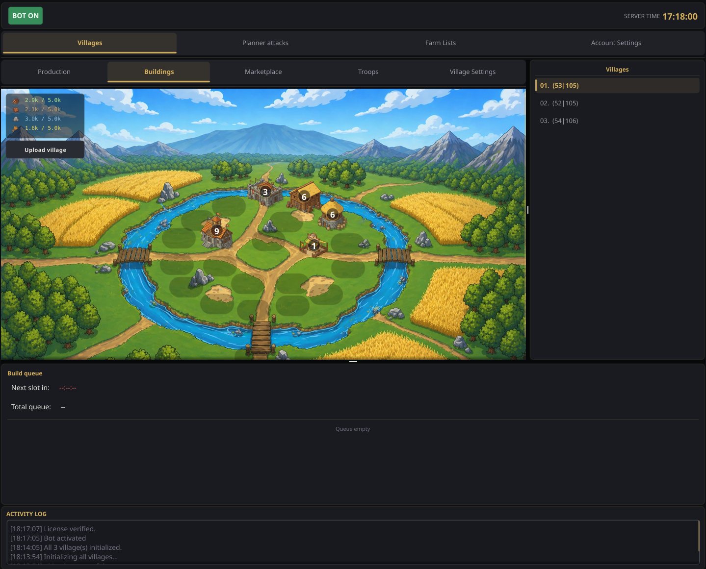 Strigard buildings view: the village map where upgrades and new buildings are queued