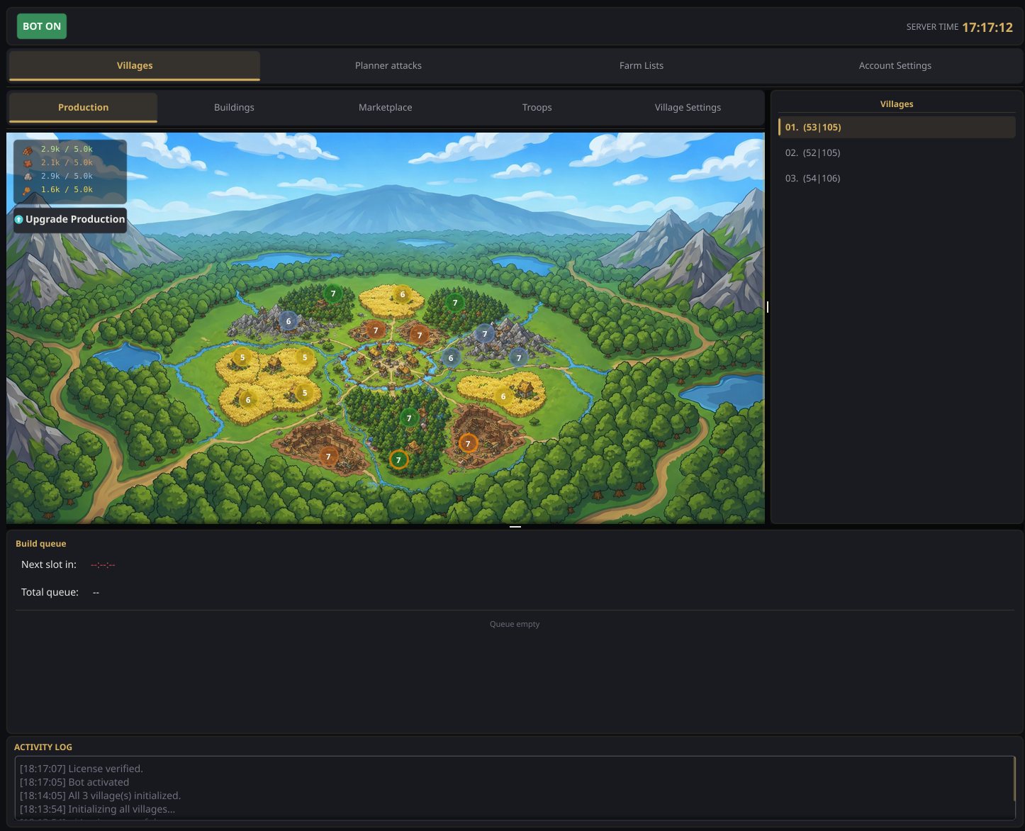 Strigard production view: the resource field map of a village with levels and resource stock