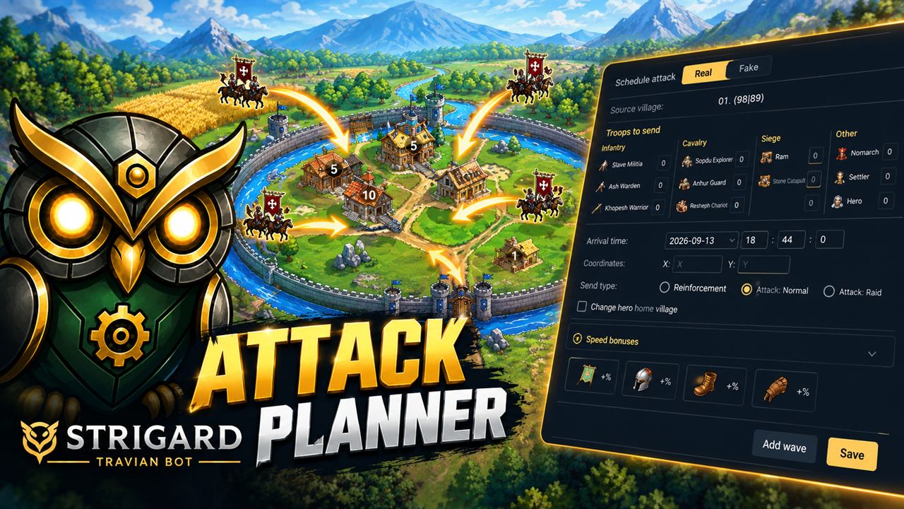 Attack Planner video: the Schedule attack window in Strigard, with troops, arrival time, send type and speed bonuses.
