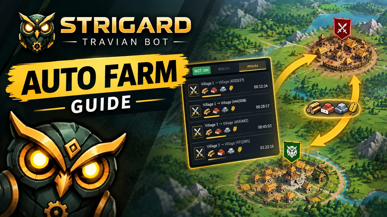 Auto Farm video: the Strigard owl next to a list of raids running between two villages.