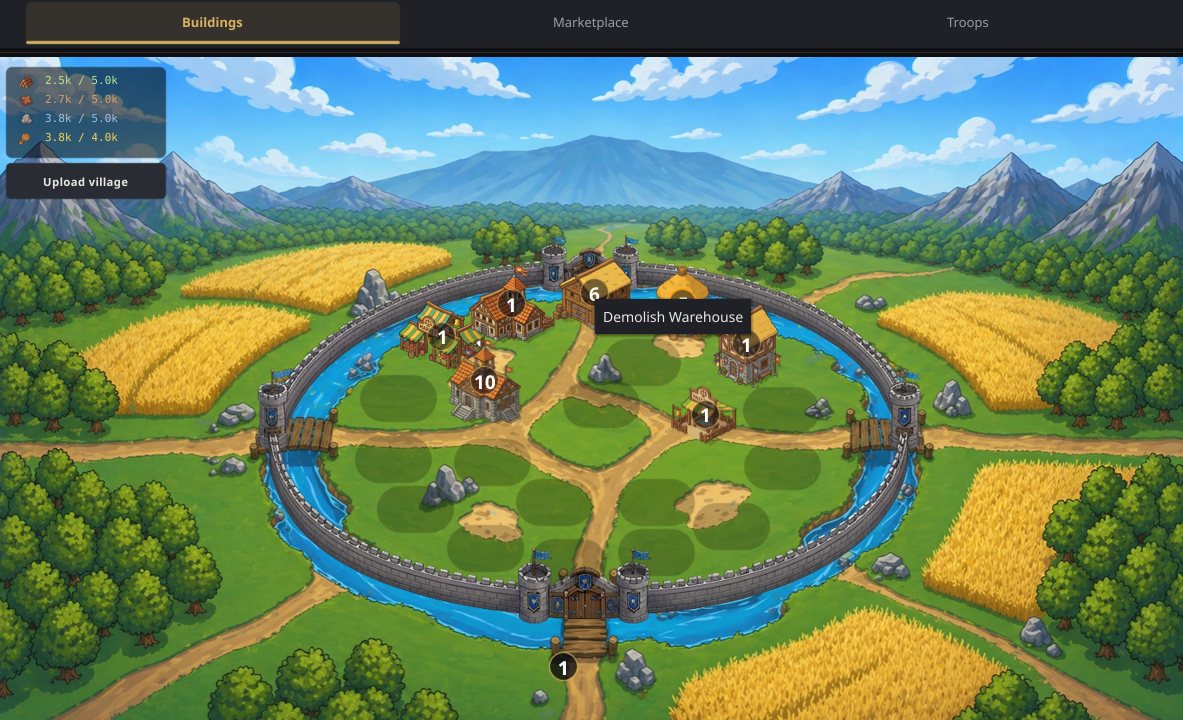 The Buildings tab of Strigard with the village map open. A right-click menu over the level 6 warehouse reads Demolish Warehouse.