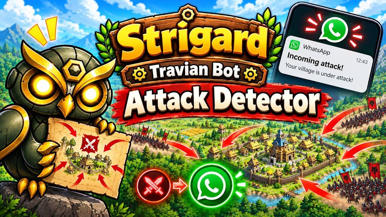 Enemy attack detector video: the Strigard owl holding a map marked with an attack, next to a phone showing a WhatsApp notification that reads Incoming attack, and armies closing in on a village.