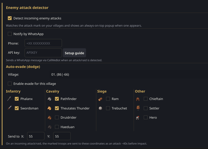 The Enemy attack detector group in Strigard: Detect incoming enemy attacks ticked, the Notify by WhatsApp option with Phone and API key fields and a Setup guide button, and the Auto-evade (dodge) section with a village picker, Enable evade for this village, troop checkboxes grouped as Infantry, Cavalry, Siege and Other, and Send to X and Y coordinates.