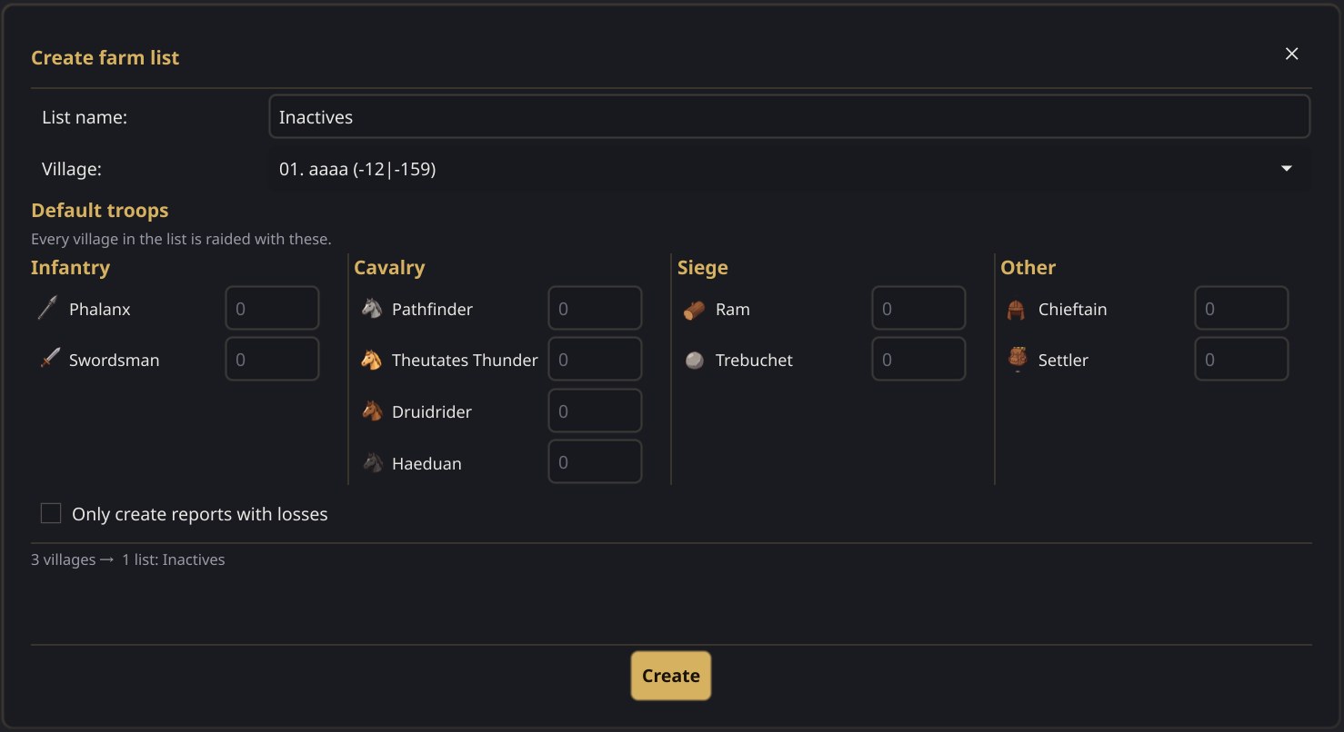The Create farm list dialog: List name Inactives, the village the list belongs to, Default troops grouped as Infantry, Cavalry, Siege and Other, the Only create reports with losses option, and the summary 3 villages, 1 list: Inactives.