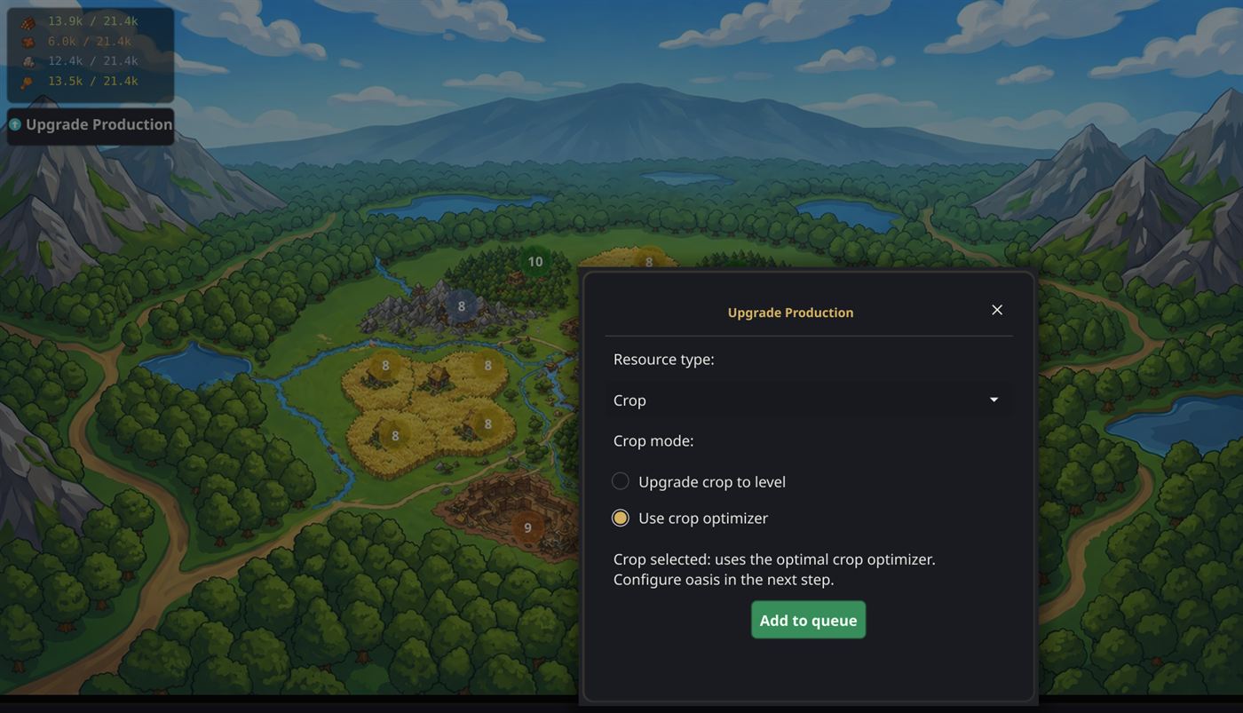 The Upgrade Production dialog with Crop chosen as the resource type and Use crop optimizer selected.