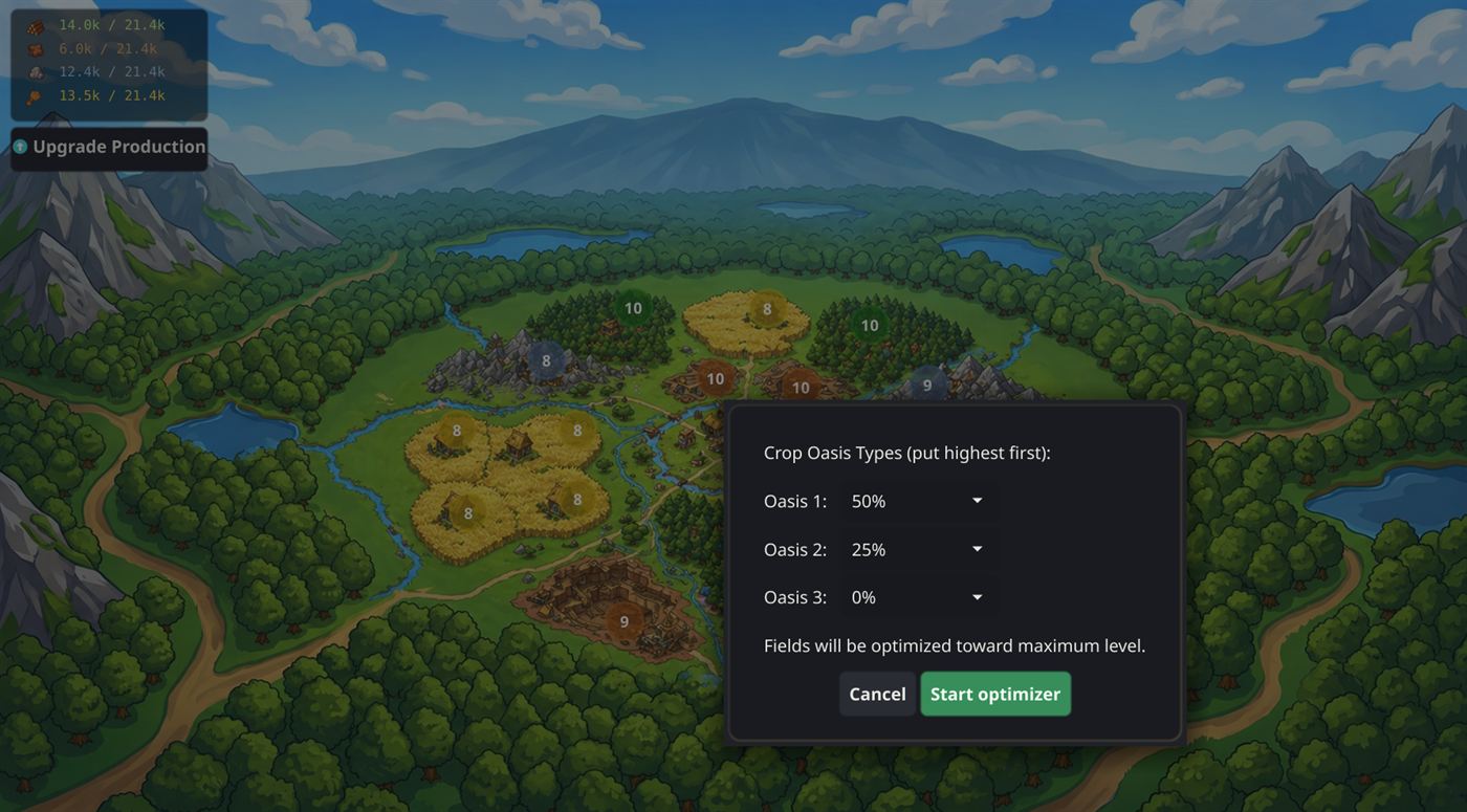 The Crop Oasis Types step, with dropdowns for Oasis 1, 2 and 3 and a Start optimizer button.