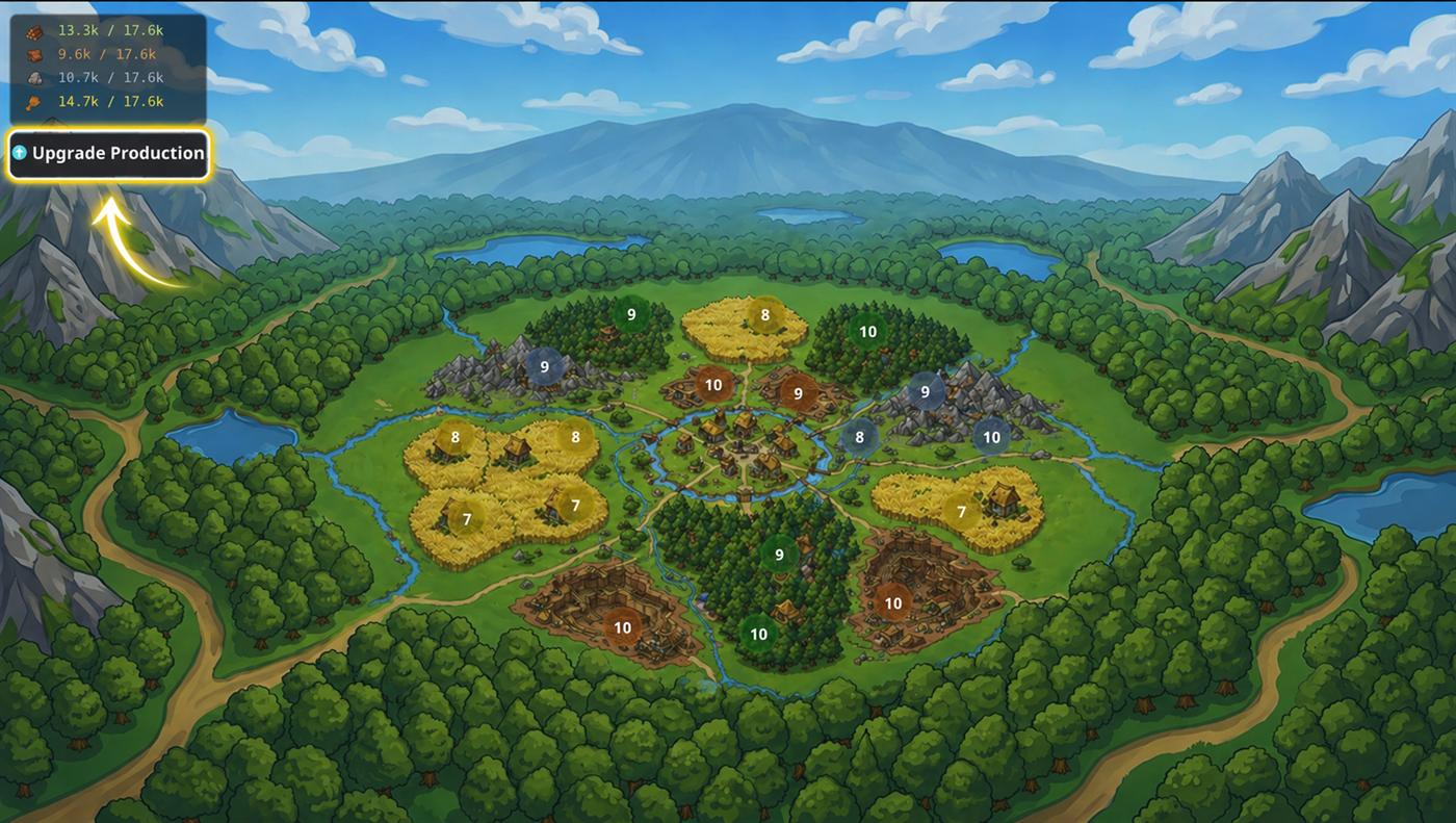 The Production tab of a village in Strigard, with the Upgrade Production button above the resource fields.